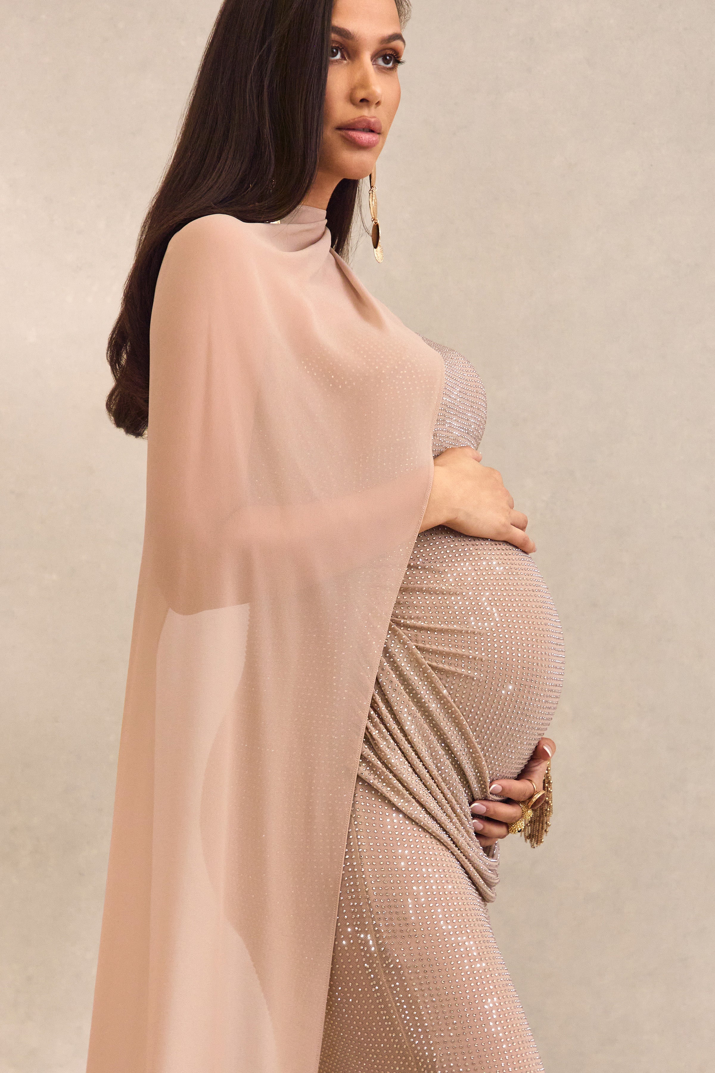 Ottoline | Champagne Hotfix Asymmetric-Neck Maternity Maxi Dress With Sheer Cape Detail