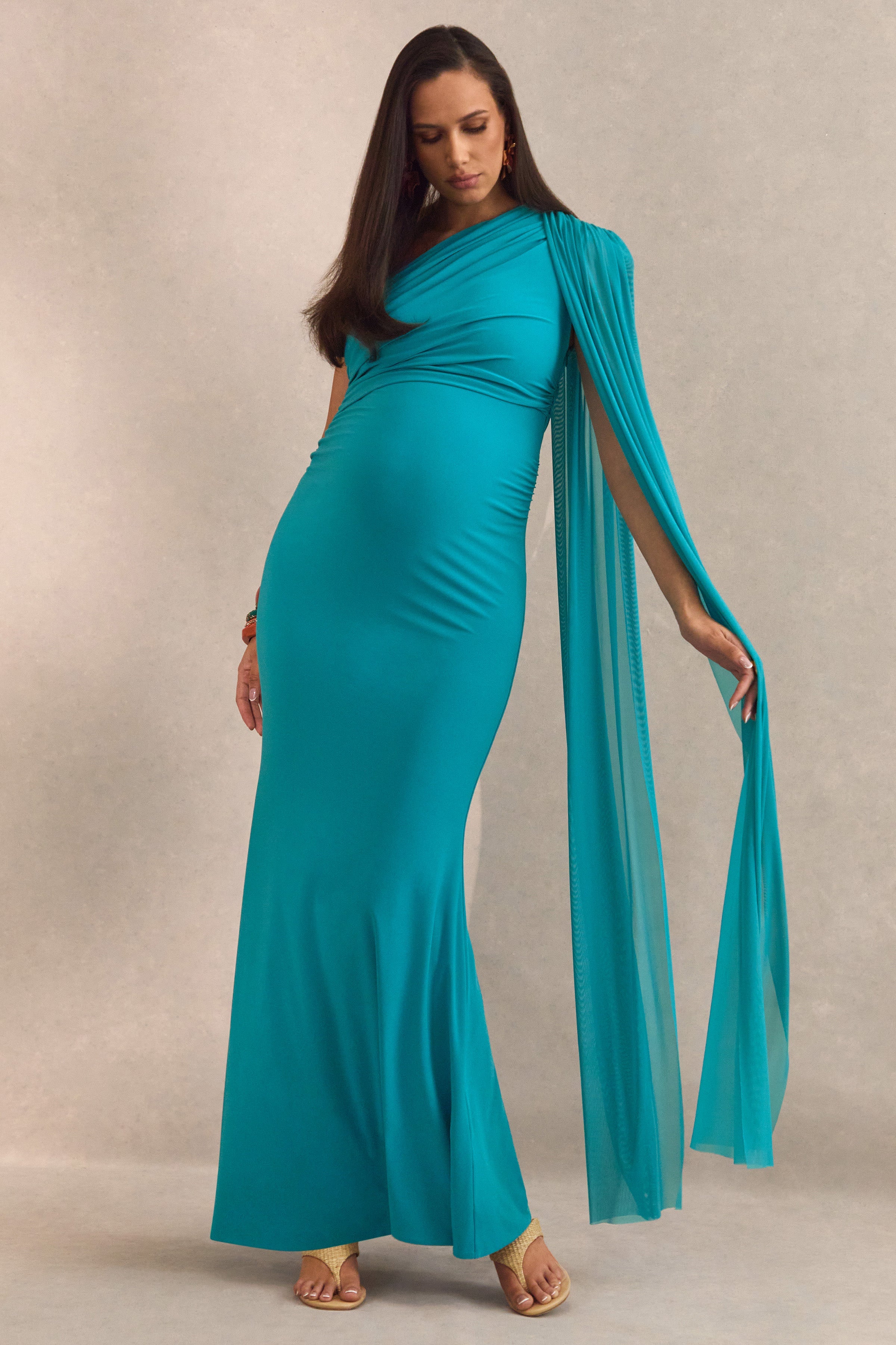 Aylena | Turquoise Asymmetric-Neck Maternity Maxi Dress With Sash Detail