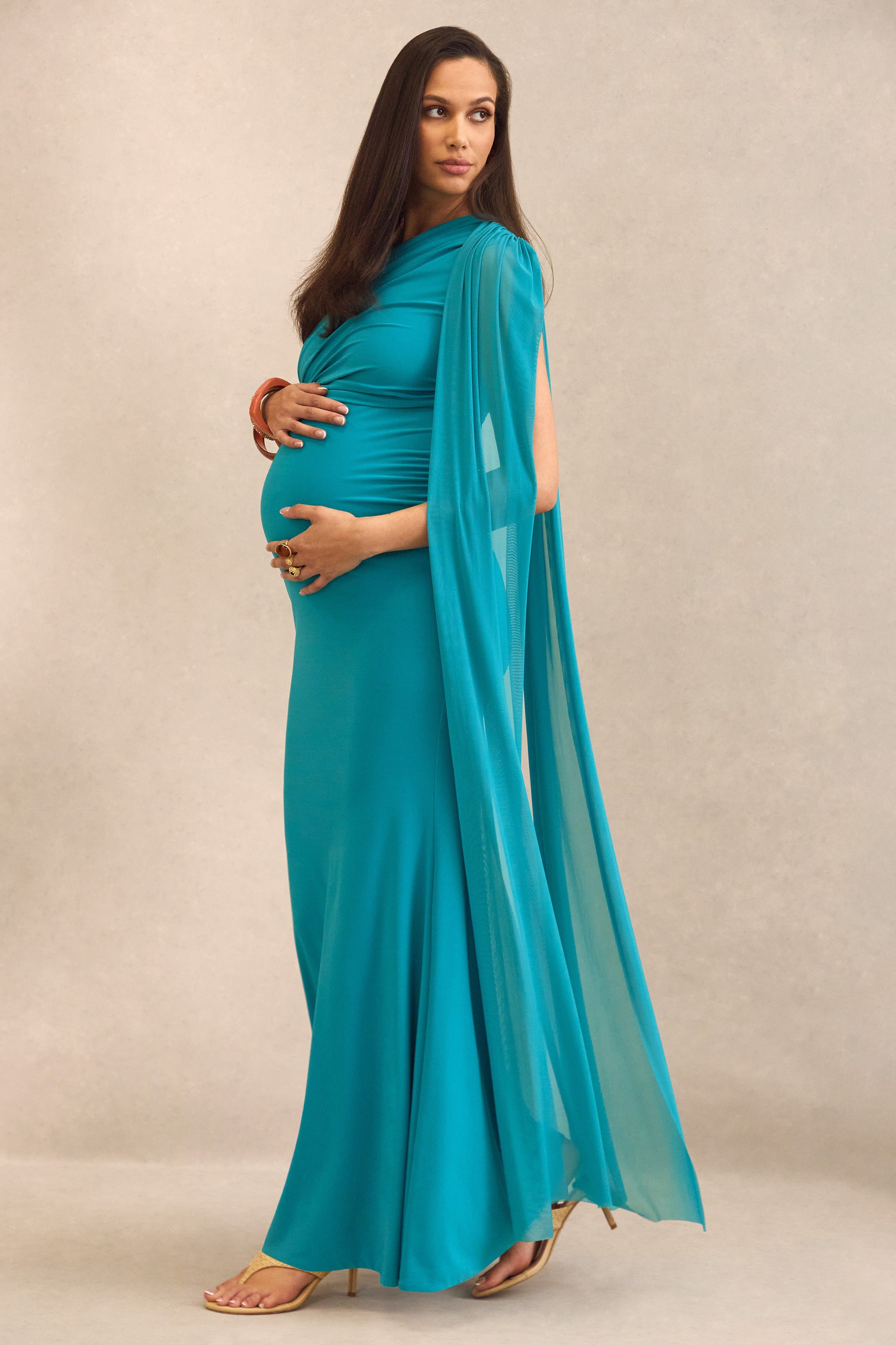 Aylena | Turquoise Asymmetric-Neck Maternity Maxi Dress With Sash Detail