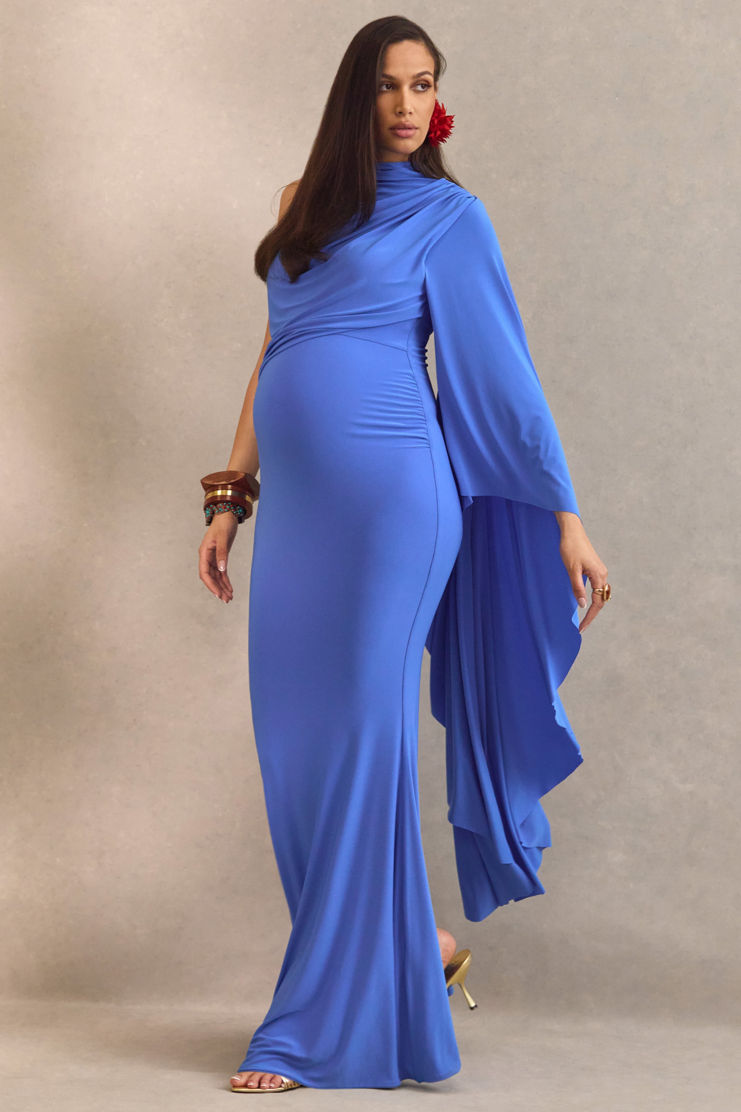 Azria | Blue High-Neck Maternity Maxi Dress With Cape Sleeve