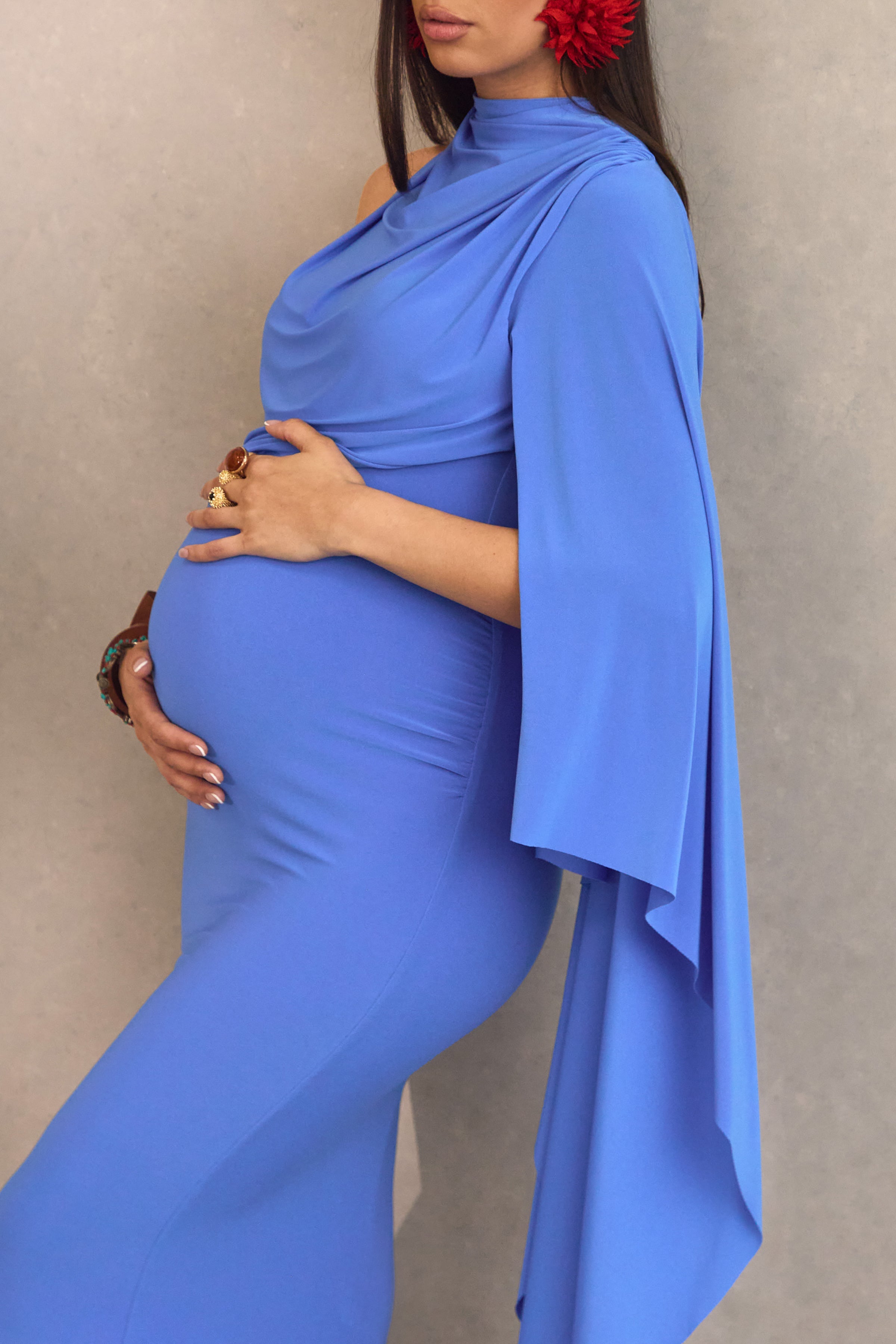 Azria | Blue High-Neck Maternity Maxi Dress With Cape Sleeve
