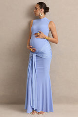Ralina | Blue High-Neck Maternity Maxi Dress With Satin Tied Sash
