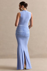 Ralina | Blue High-Neck Maternity Maxi Dress With Satin Tied Sash