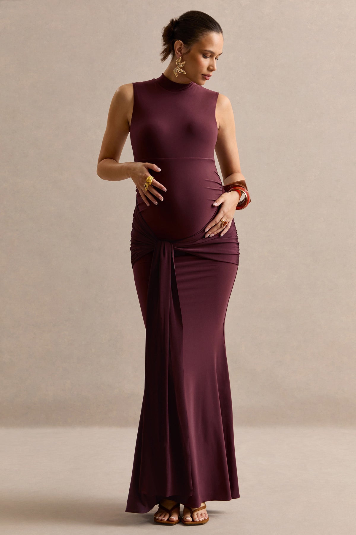 Ralina | Dark Brown High-Neck Maternity Maxi Dress With Satin Tied Sash