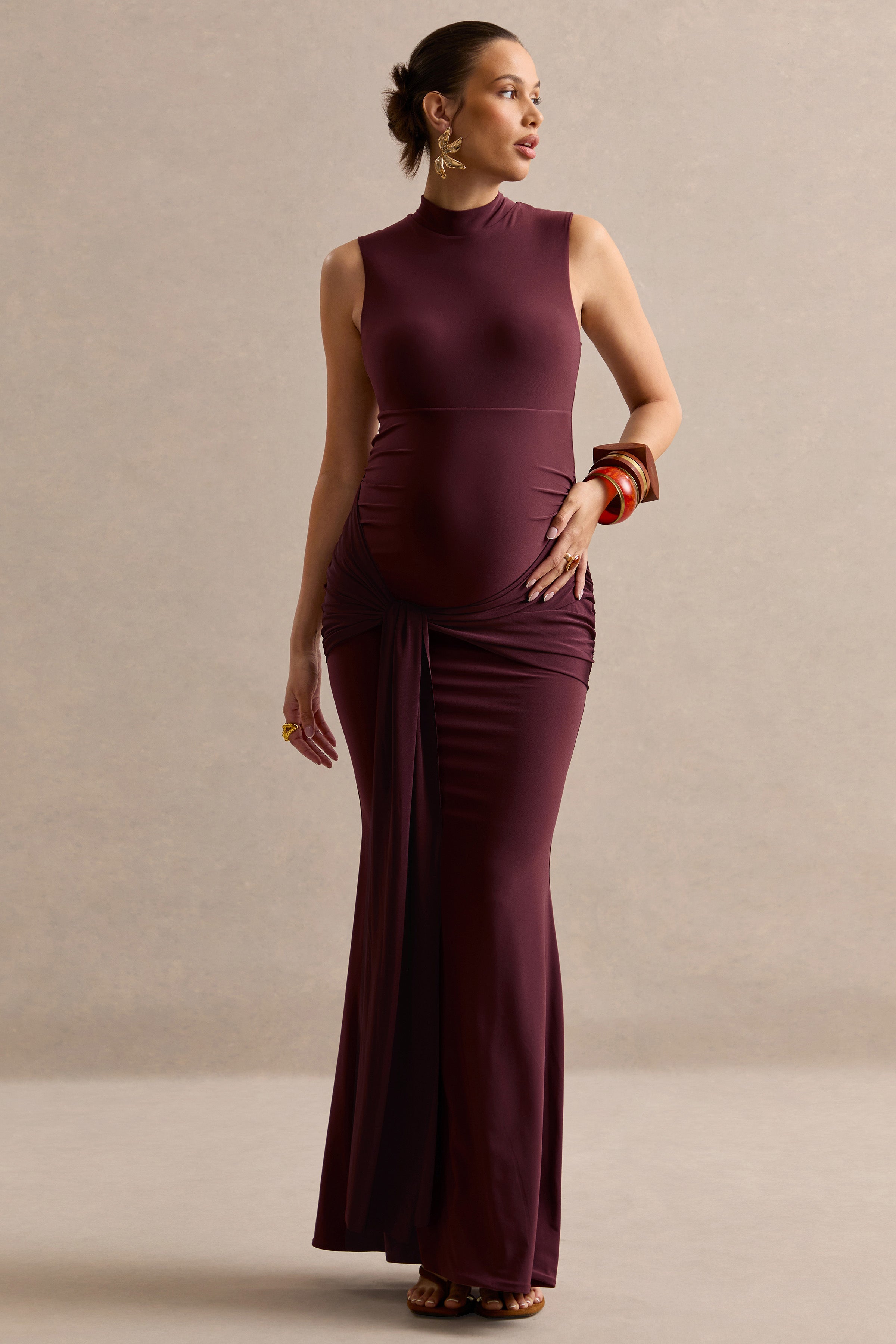Ralina | Dark Brown High-Neck Maternity Maxi Dress With Satin Tied Sash