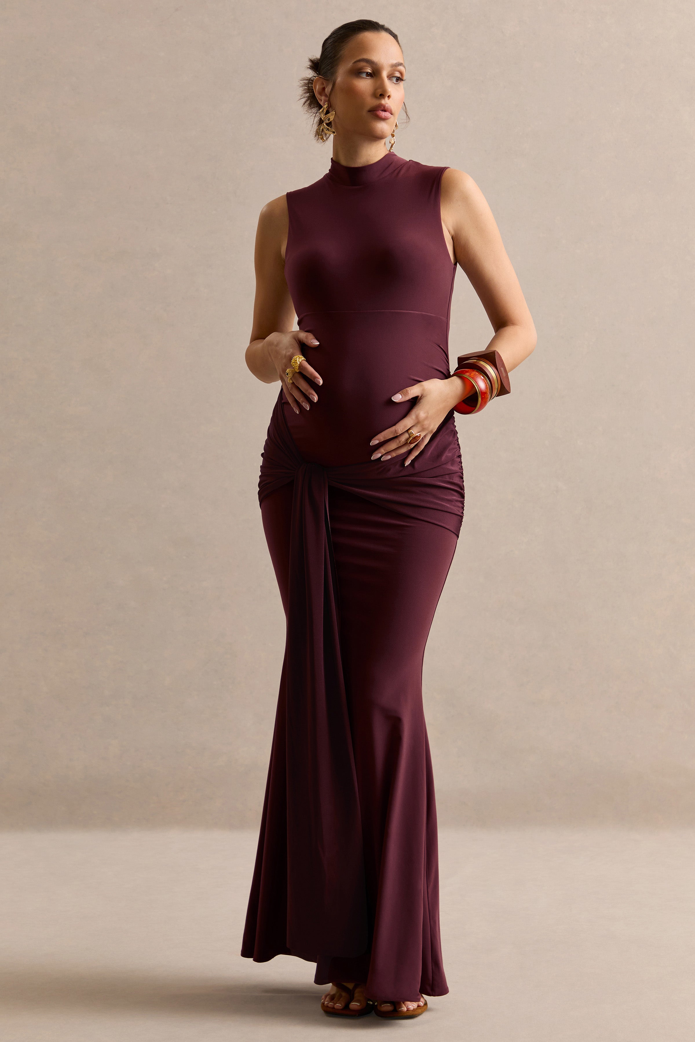 Ralina | Dark Brown High-Neck Maternity Maxi Dress With Satin Tied Sash
