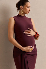 Ralina | Dark Brown High-Neck Maternity Maxi Dress With Satin Tied Sash
