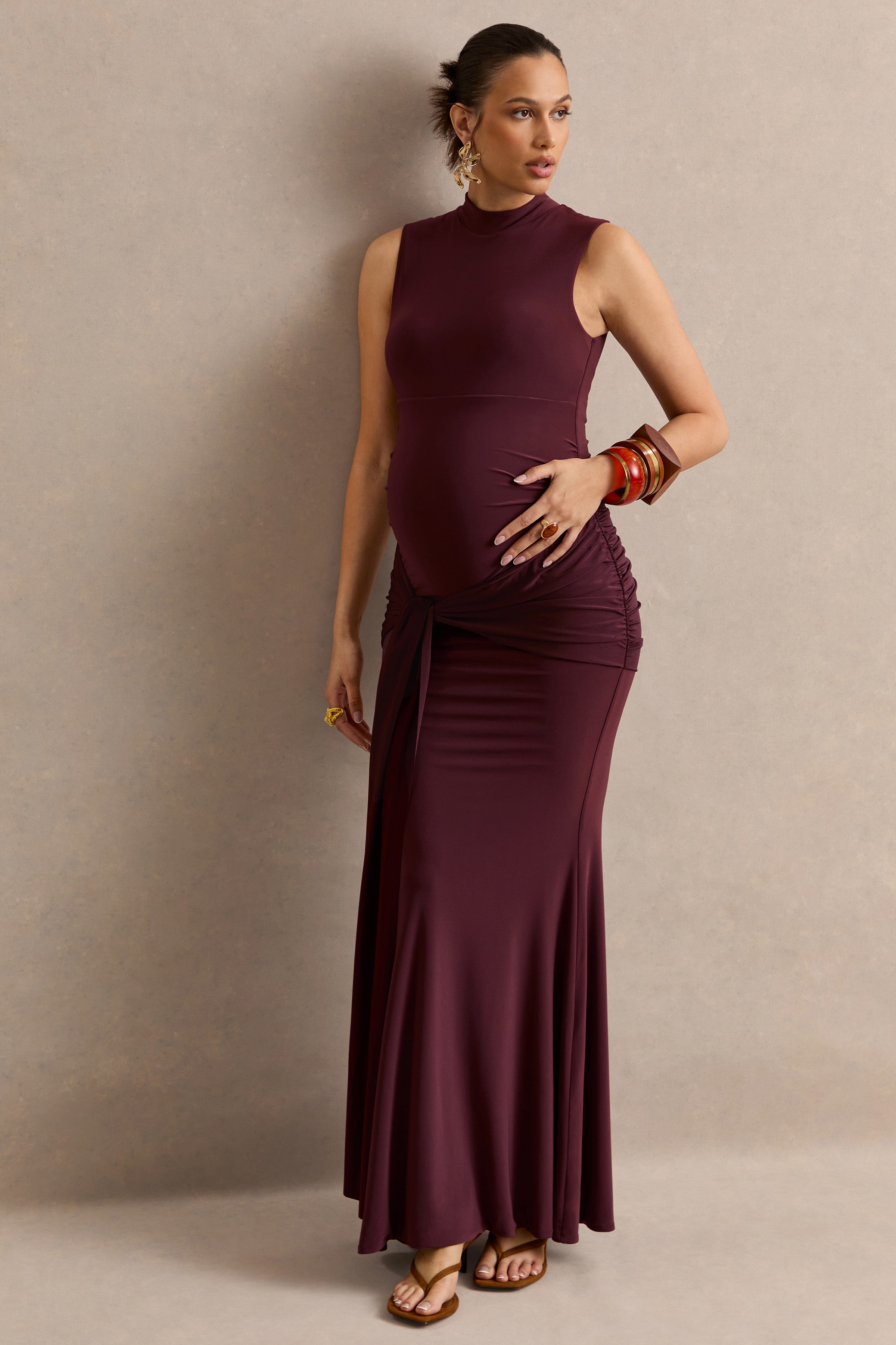 Ralina | Dark Brown High-Neck Maternity Maxi Dress With Satin Tied Sash