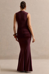 Ralina | Dark Brown High-Neck Maternity Maxi Dress With Satin Tied Sash