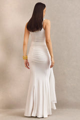 Ralina | White High-Neck Maternity Maxi Dress With Satin Tied Sash
