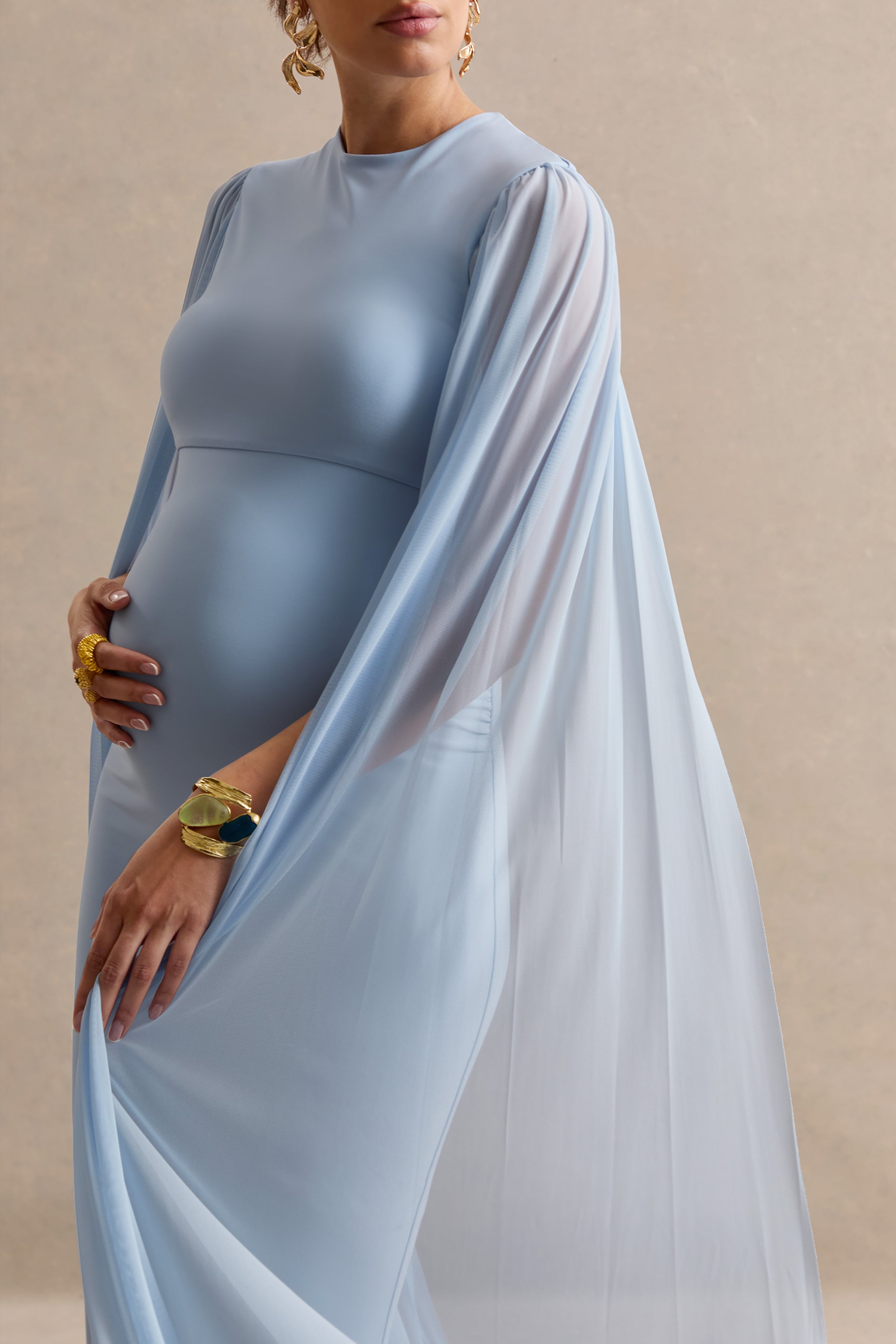 Calitheia | Light Blue Round-Neck Maternity Maxi Dress With Long Floaty Mesh Sleeves