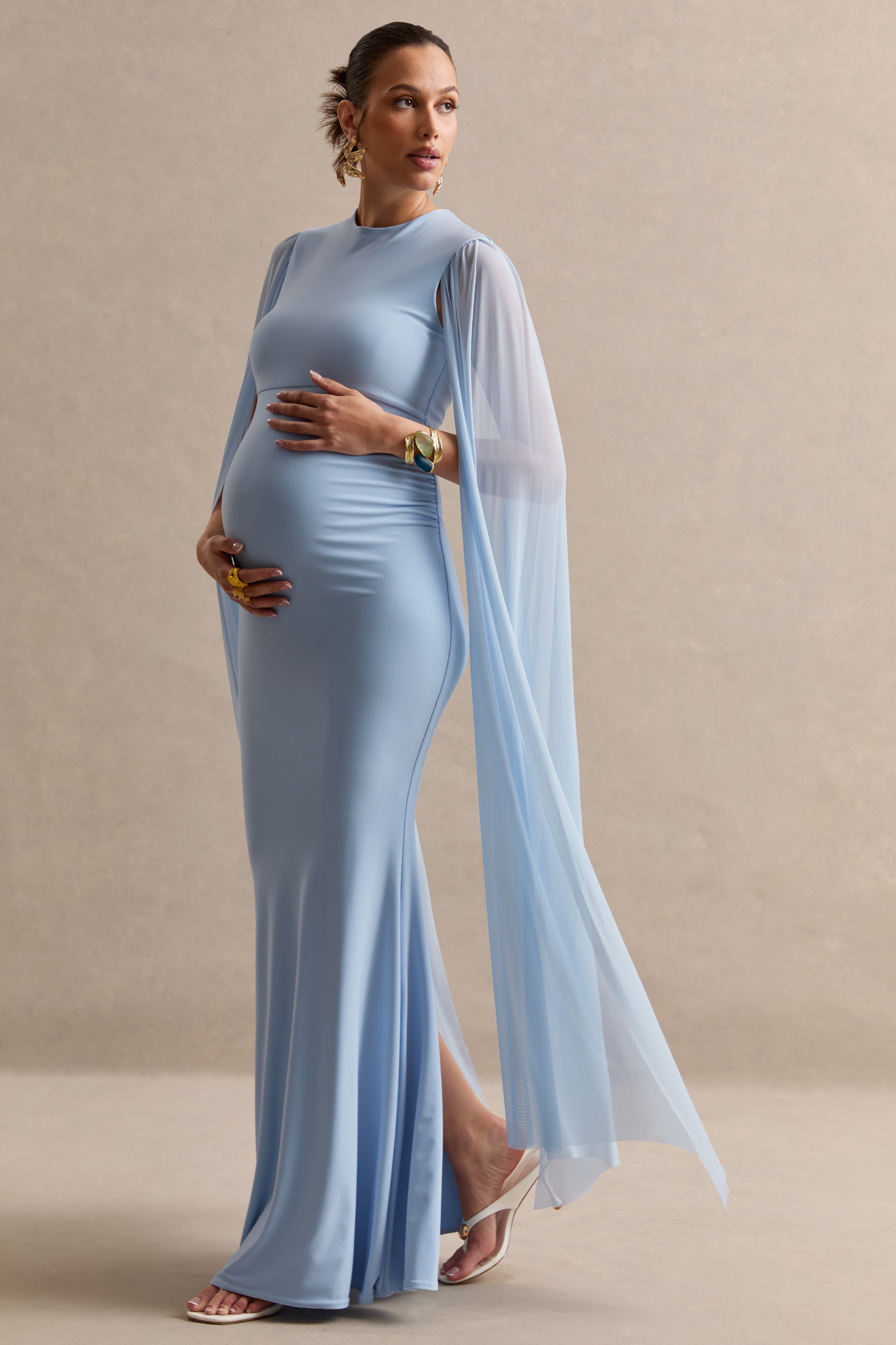 Calitheia | Light Blue Round-Neck Maternity Maxi Dress With Long Floaty Mesh Sleeves