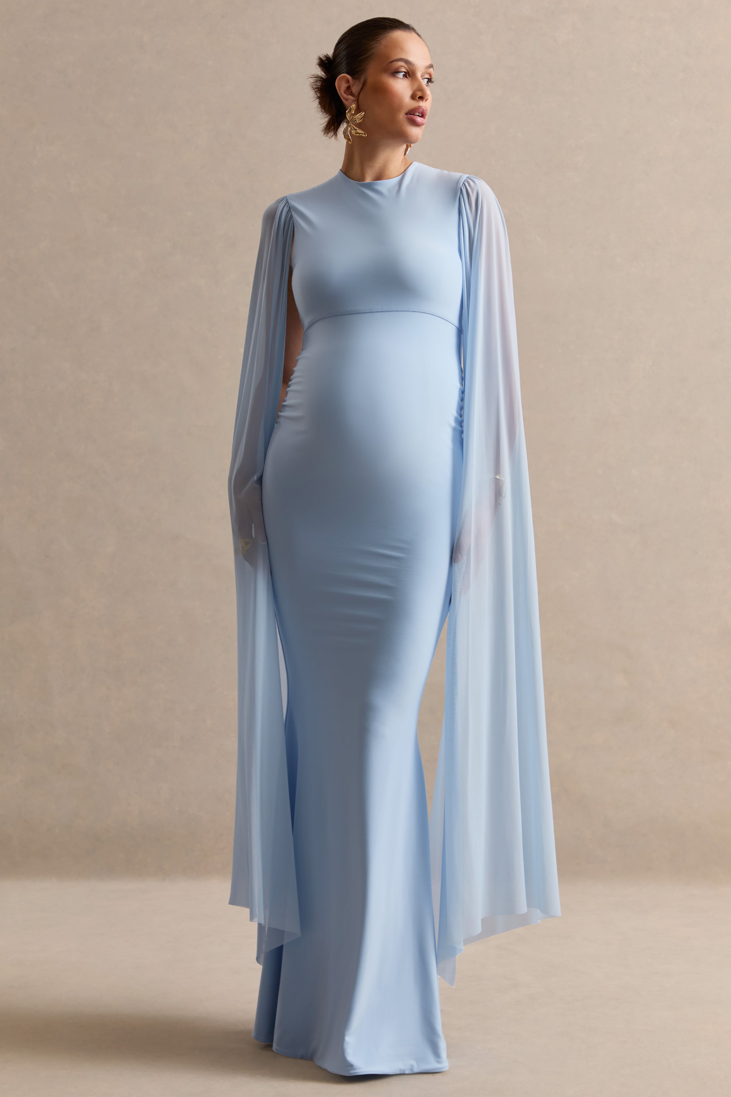 Calitheia | Light Blue Round-Neck Maternity Maxi Dress With Long Floaty Mesh Sleeves