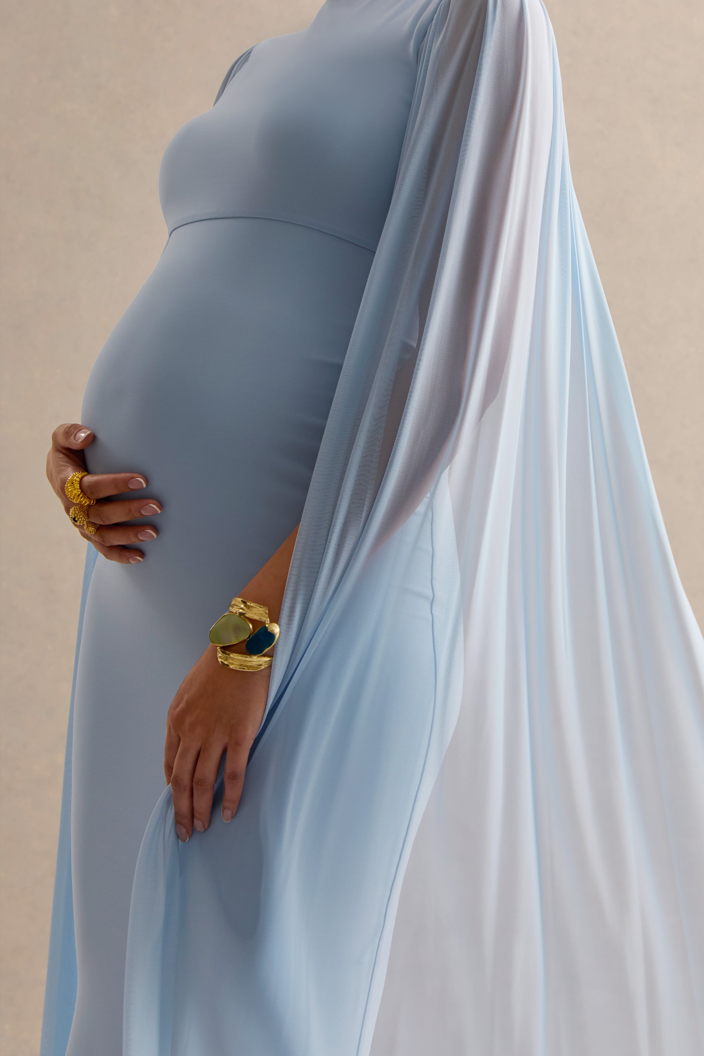 Calitheia | Light Blue Round-Neck Maternity Maxi Dress With Long Floaty Mesh Sleeves