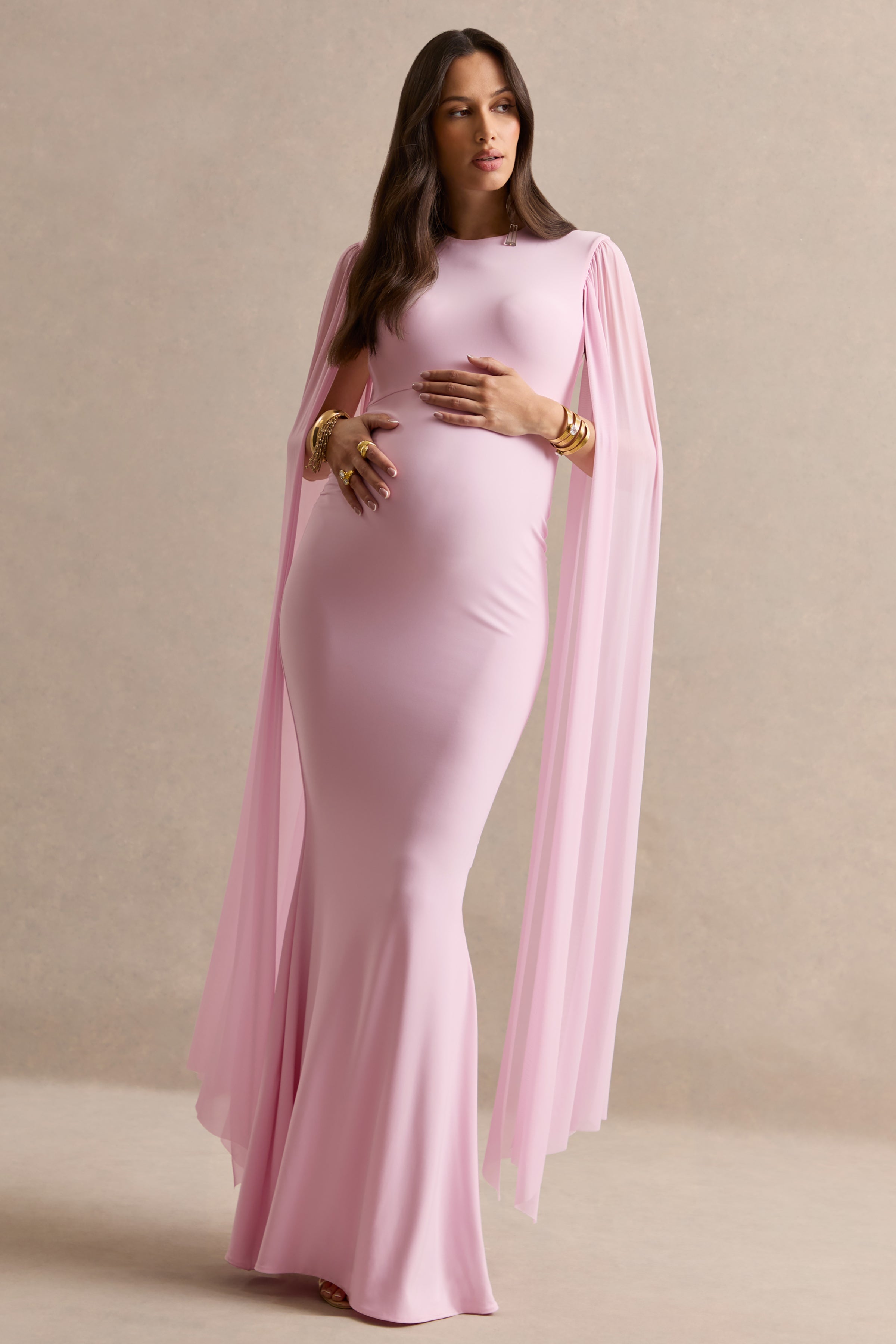 Calitheia | Light Pink Round-Neck Maternity Maxi Dress With Long Floaty Mesh Sleeves