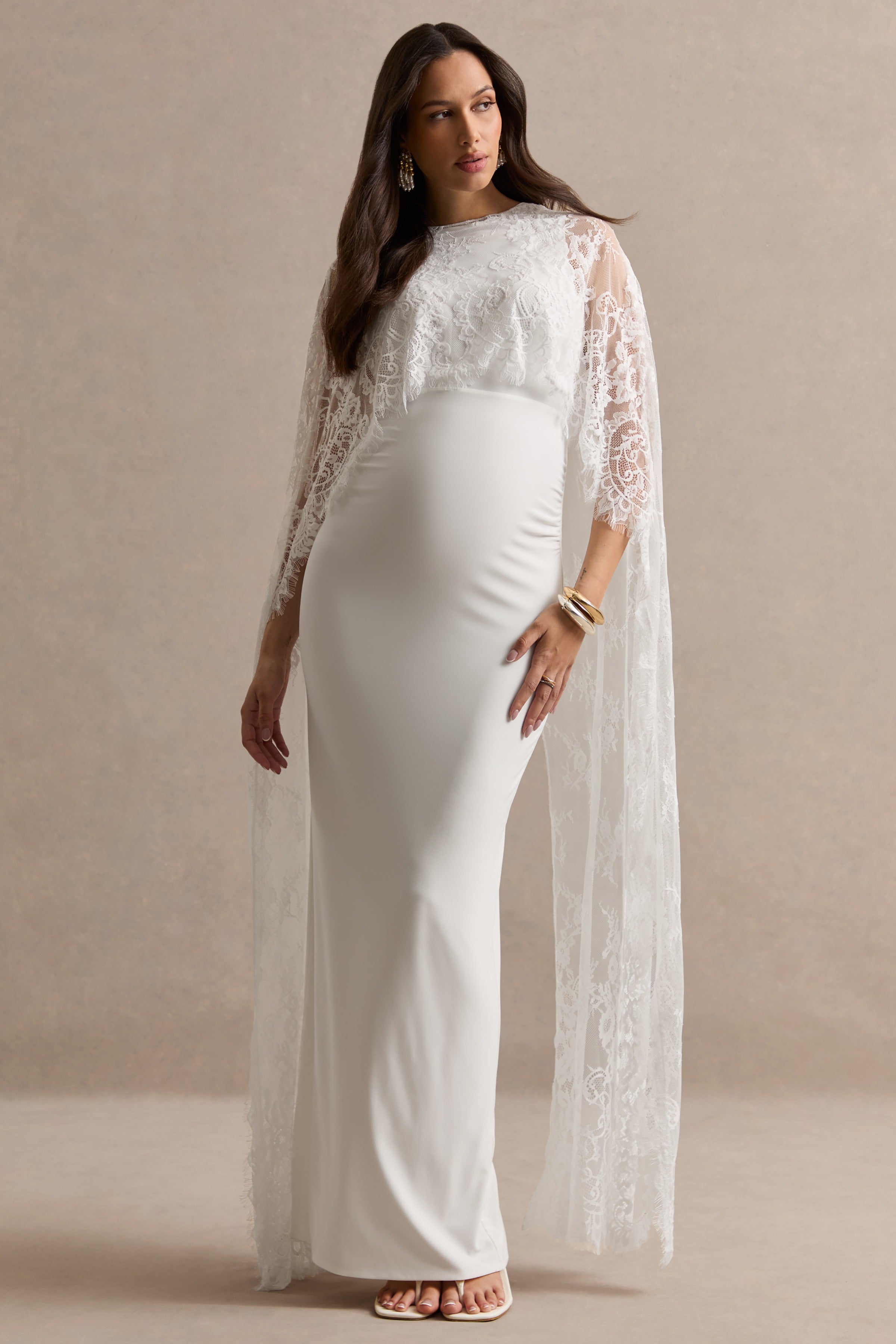 Camelina | White Round-Neck Maternity Maxi Dress With Lace Cape Detail