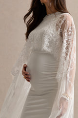 Camelina | White Round-Neck Maternity Maxi Dress With Lace Cape Detail