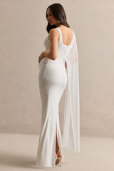 Camora | White Asymmetric-Neck Maternity Maxi Dress With Sheer Cape Sleeve