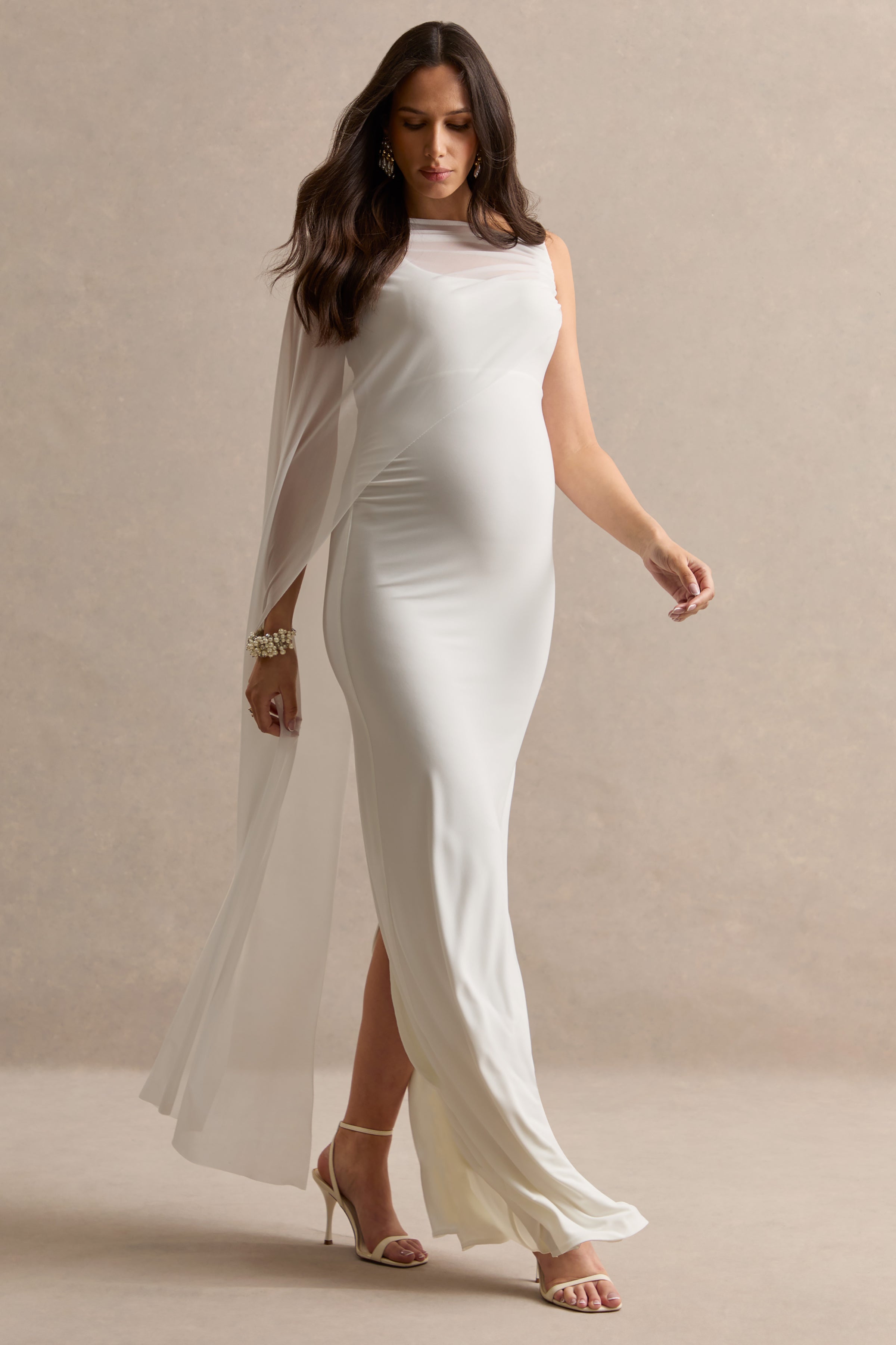 Camora | White Asymmetric-Neck Maternity Maxi Dress With Sheer Cape Sleeve