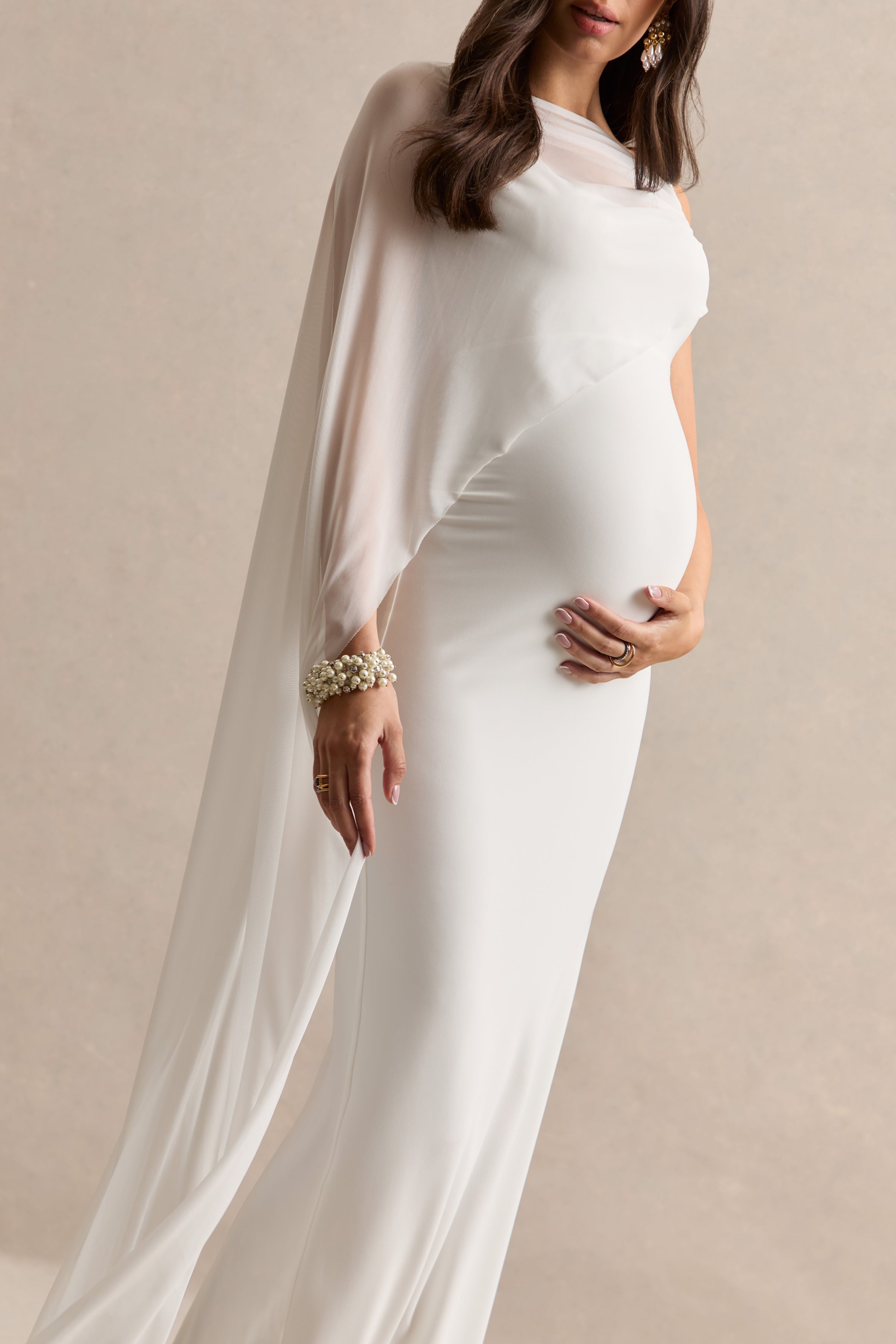 Camora | White Asymmetric-Neck Maternity Maxi Dress With Sheer Cape Sleeve