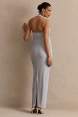 Sarielle | Silver Metallic Asymmetric-Neck Maternity Maxi Dress