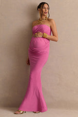 Casilda | Pink Bandeau-Neck Maternity Maxi Dress With Draped Detailing