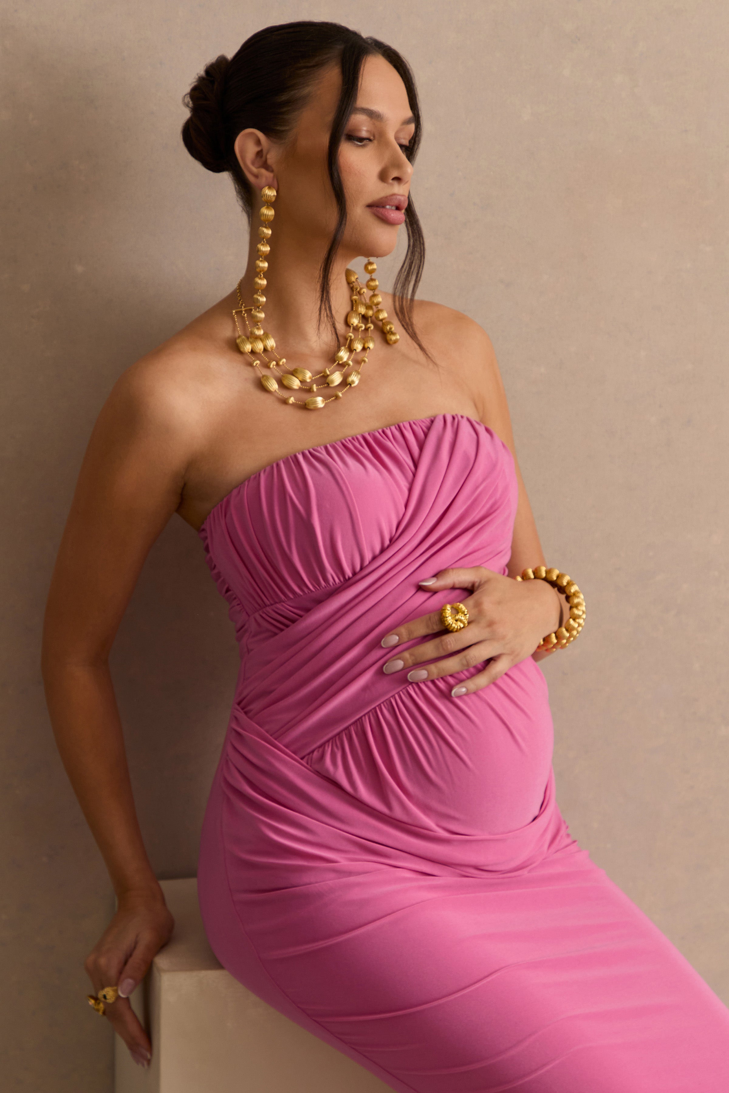Casilda | Pink Bandeau-Neck Maternity Maxi Dress With Draped Detailing