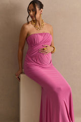 Casilda | Pink Bandeau-Neck Maternity Maxi Dress With Draped Detailing