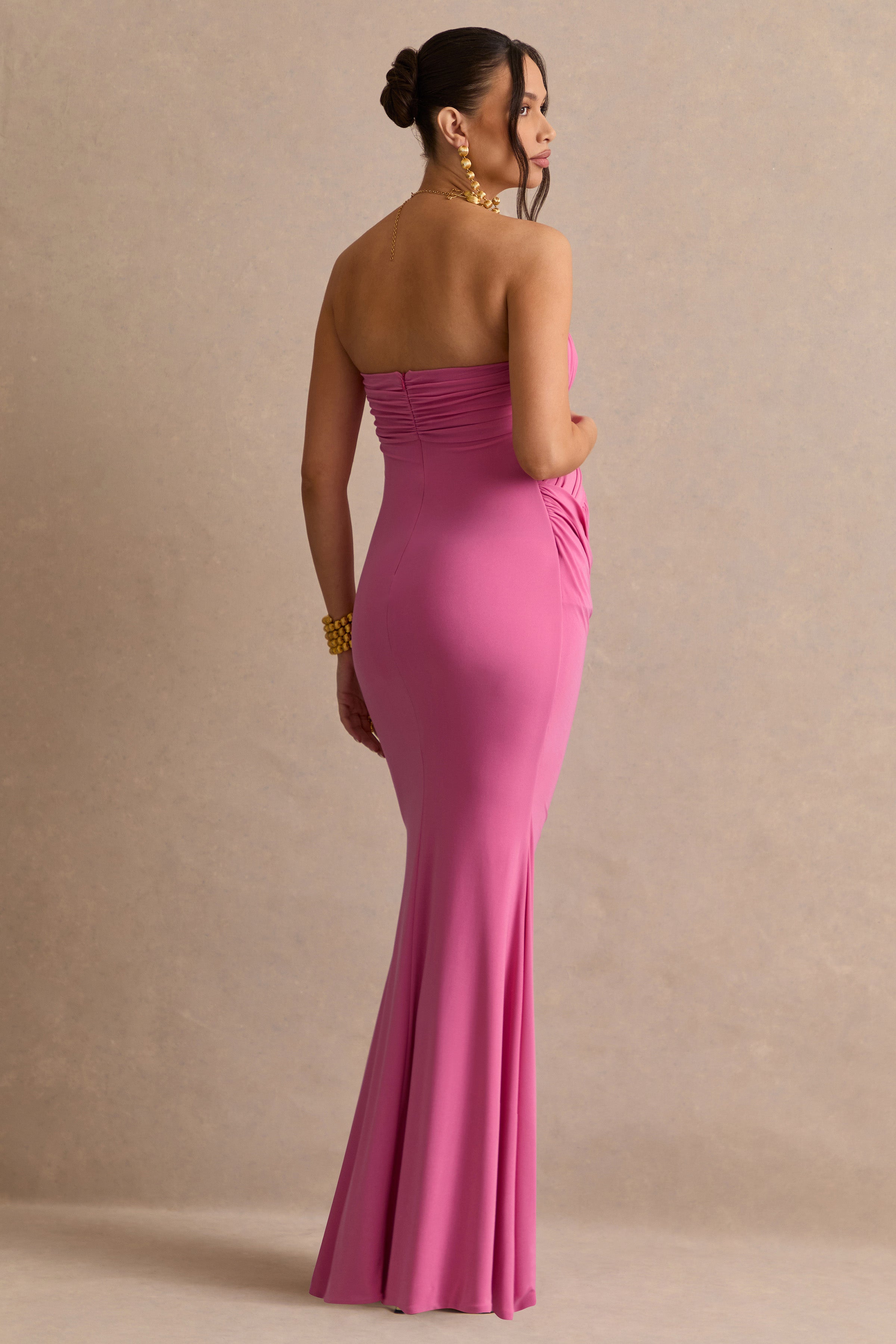 Casilda | Pink Bandeau-Neck Maternity Maxi Dress With Draped Detailing