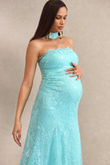 Sabriel | Turquoise Lace Bandeau-Neck Maternity Midi Dress With Collar Detail