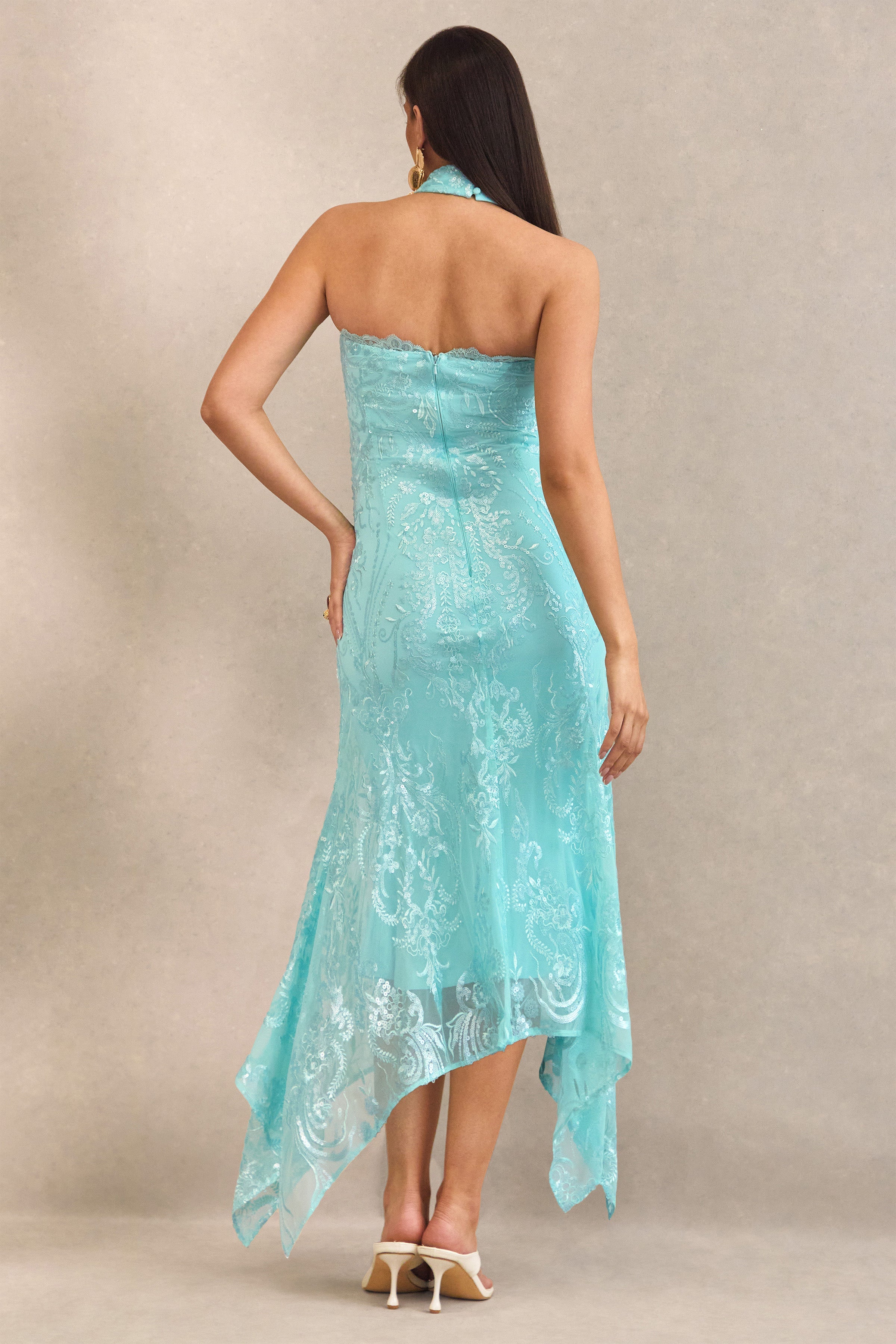 Sabriel | Turquoise Lace Bandeau-Neck Maternity Midi Dress With Collar Detail