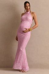 Samina | Pink Lace Halter-Neck Maternity Maxi Dress