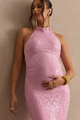 Samina | Pink Lace Halter-Neck Maternity Maxi Dress