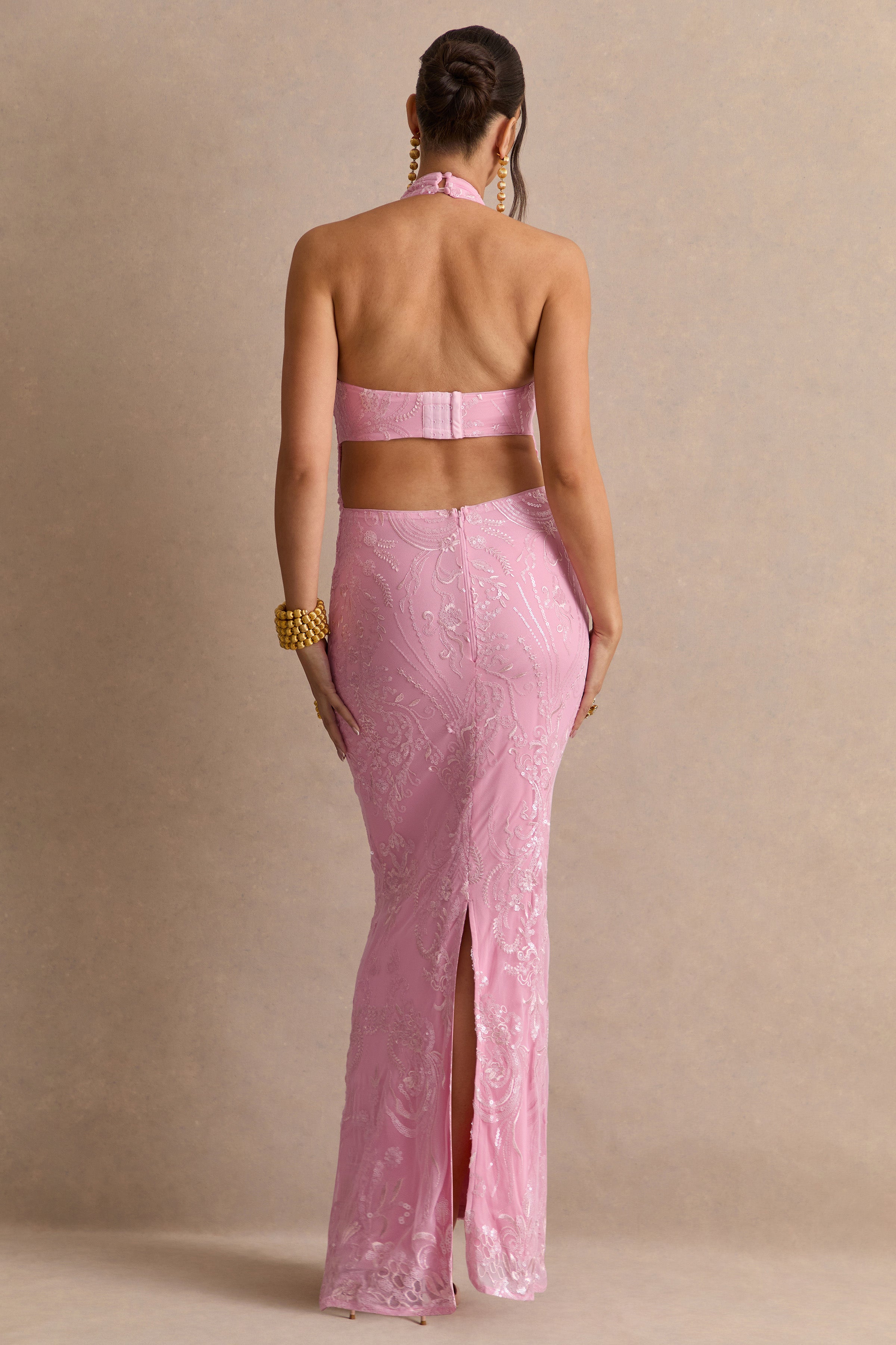 Samina | Pink Lace Halter-Neck Maternity Maxi Dress