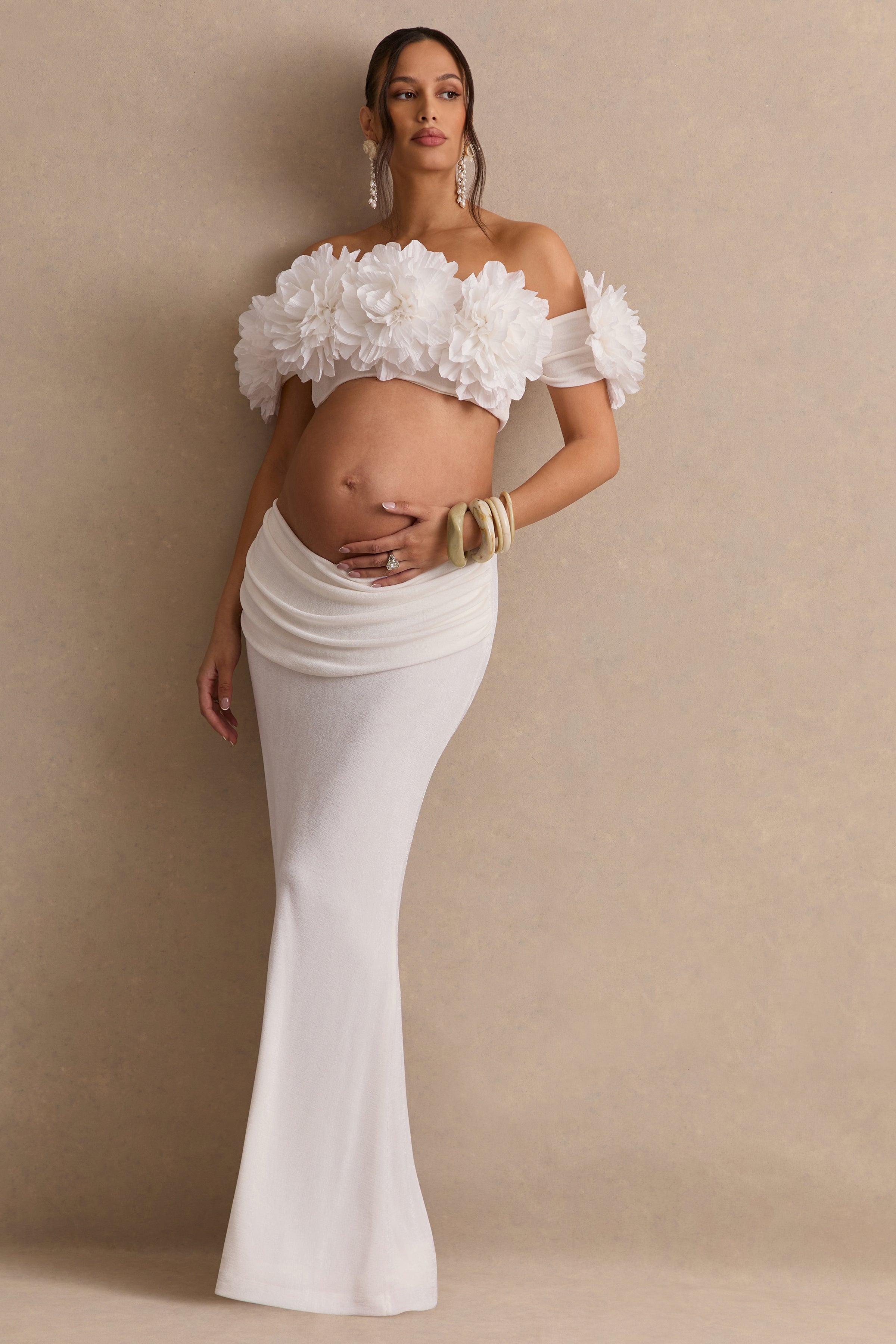 Arwenne | White Bardot-Neck Crop-Top With Corsage Detailing