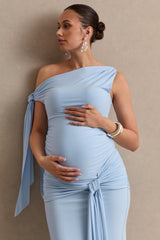 Cataleya | Light Blue Asymmetric-Neck Maternity Top With Knot And Sash Detail