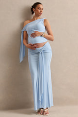 Cataleya | Light Blue Asymmetric-Neck Maternity Top With Knot And Sash Detail
