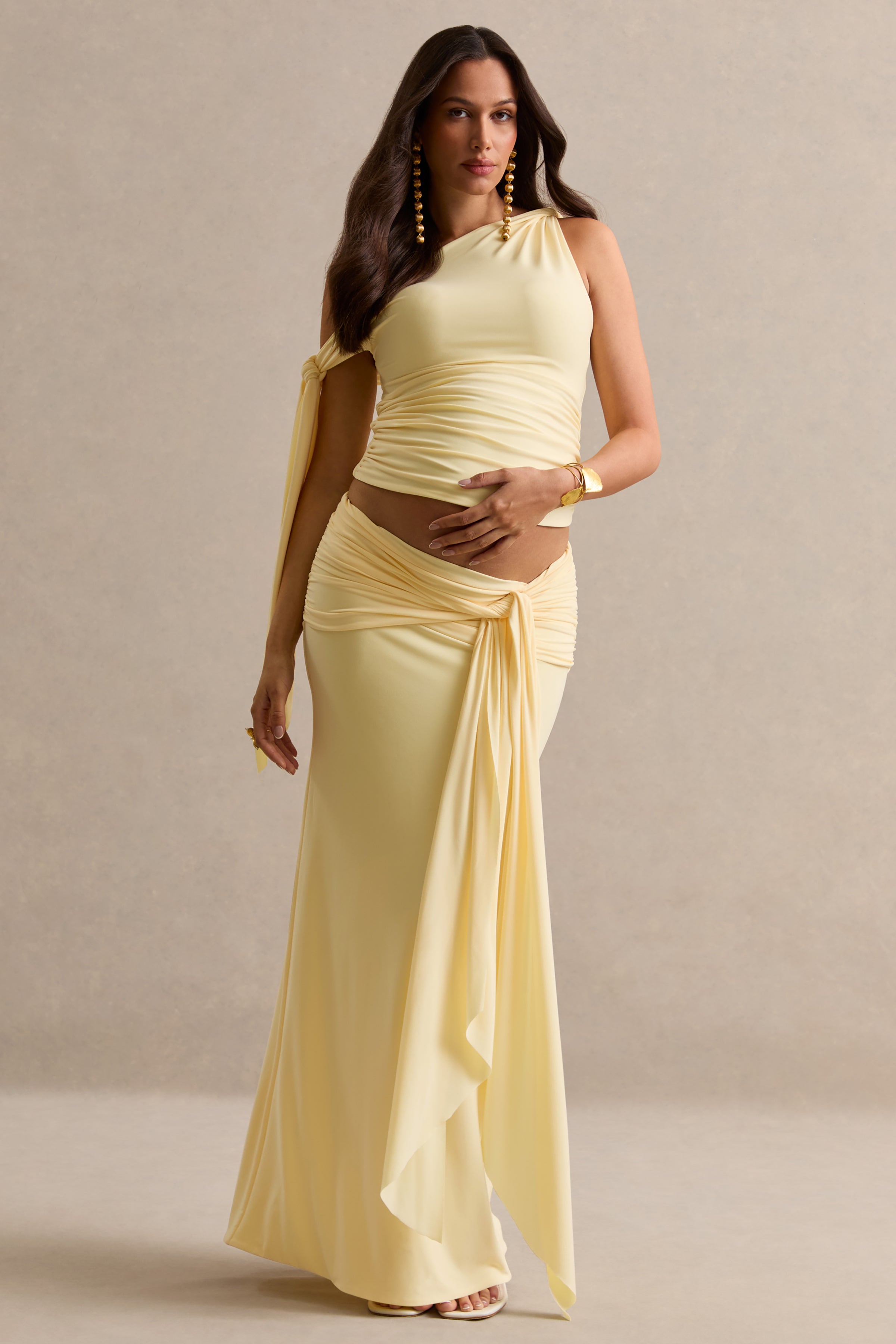Cataleya | Lemon Asymmetric-Neck Maternity Top With Knot And Sash Detail