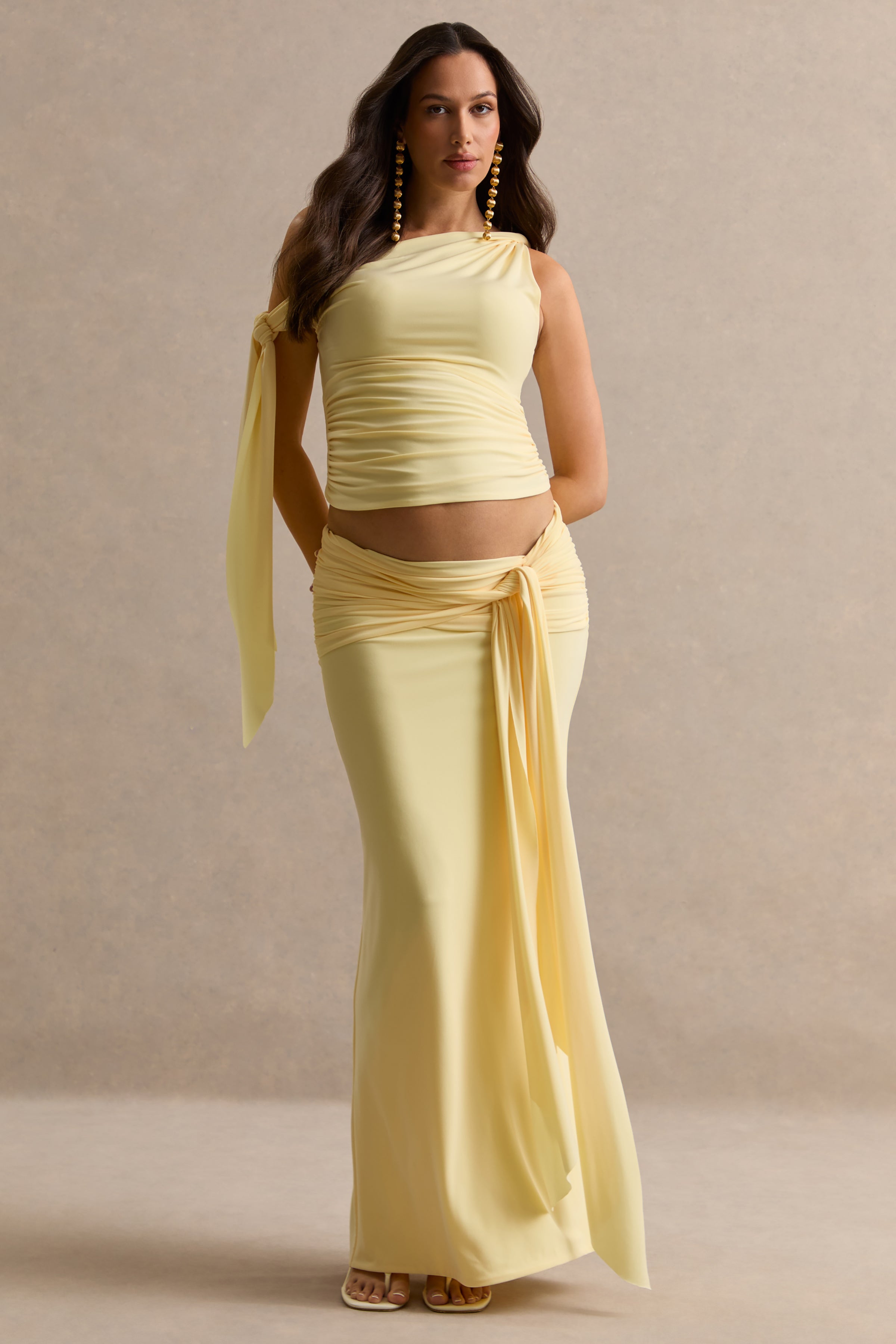 Cataleya | Lemon Maternity Low Rise Maxi Skirt With Sash Detailing