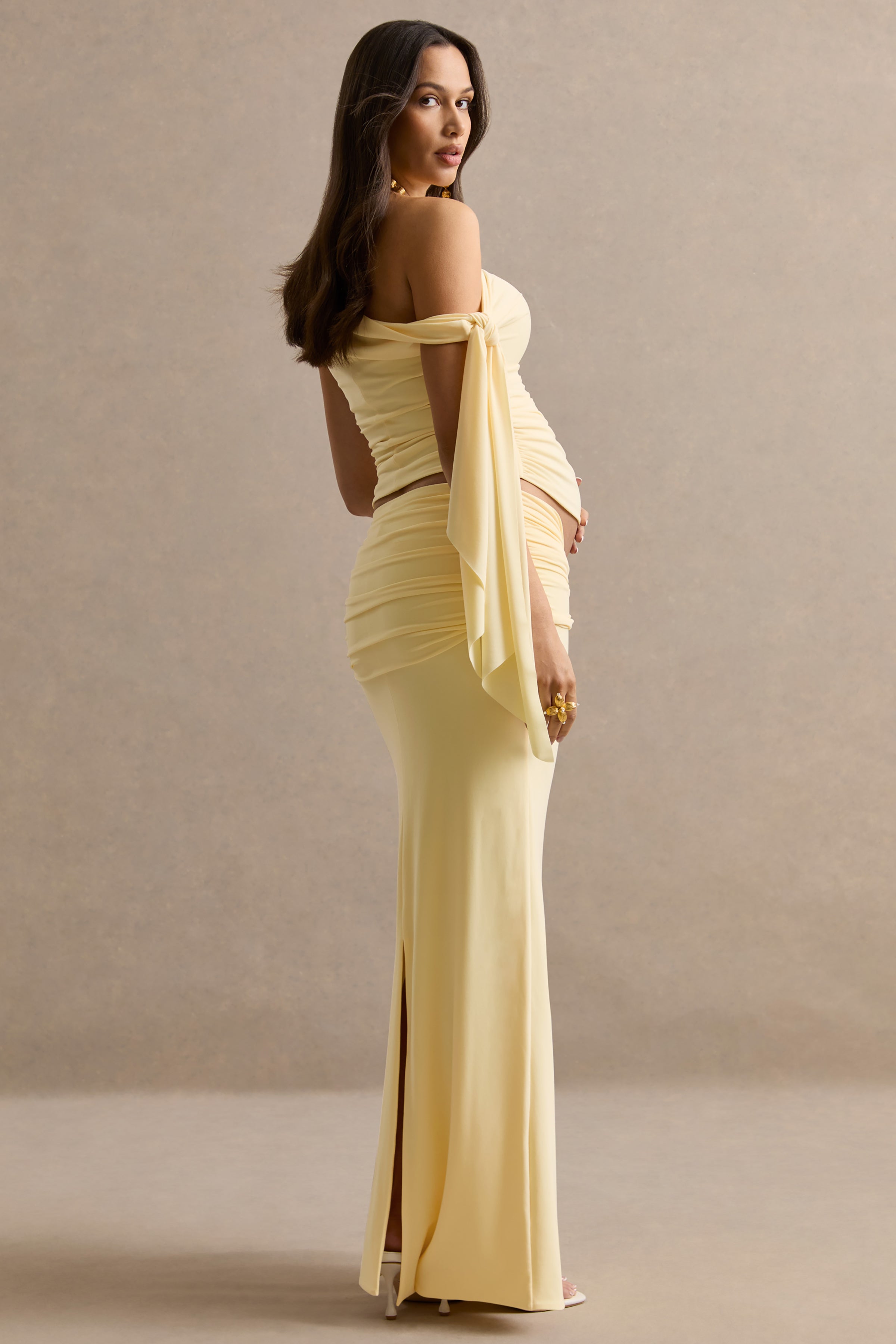 Cataleya | Lemon Maternity Low Rise Maxi Skirt With Sash Detailing