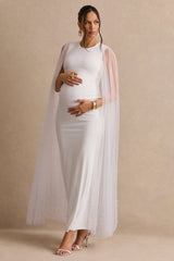 Tereza | White Round-Neck Maternity Maxi Dress With Sheer Cape