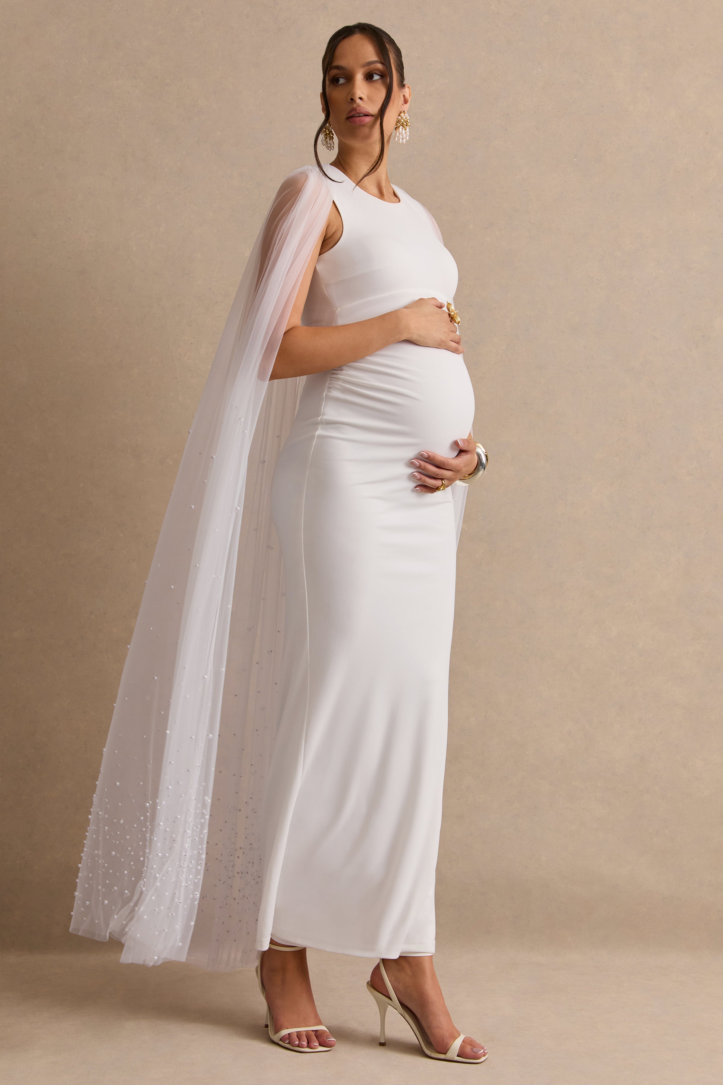 Tereza | White Round-Neck Maternity Maxi Dress With Sheer Cape