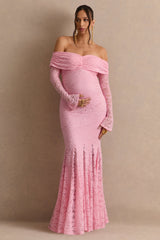 Valleria | Light Pink Lace Bardot-Neck Maternity Maxi Dress