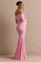 Valleria | Light Pink Lace Bardot-Neck Maternity Maxi Dress