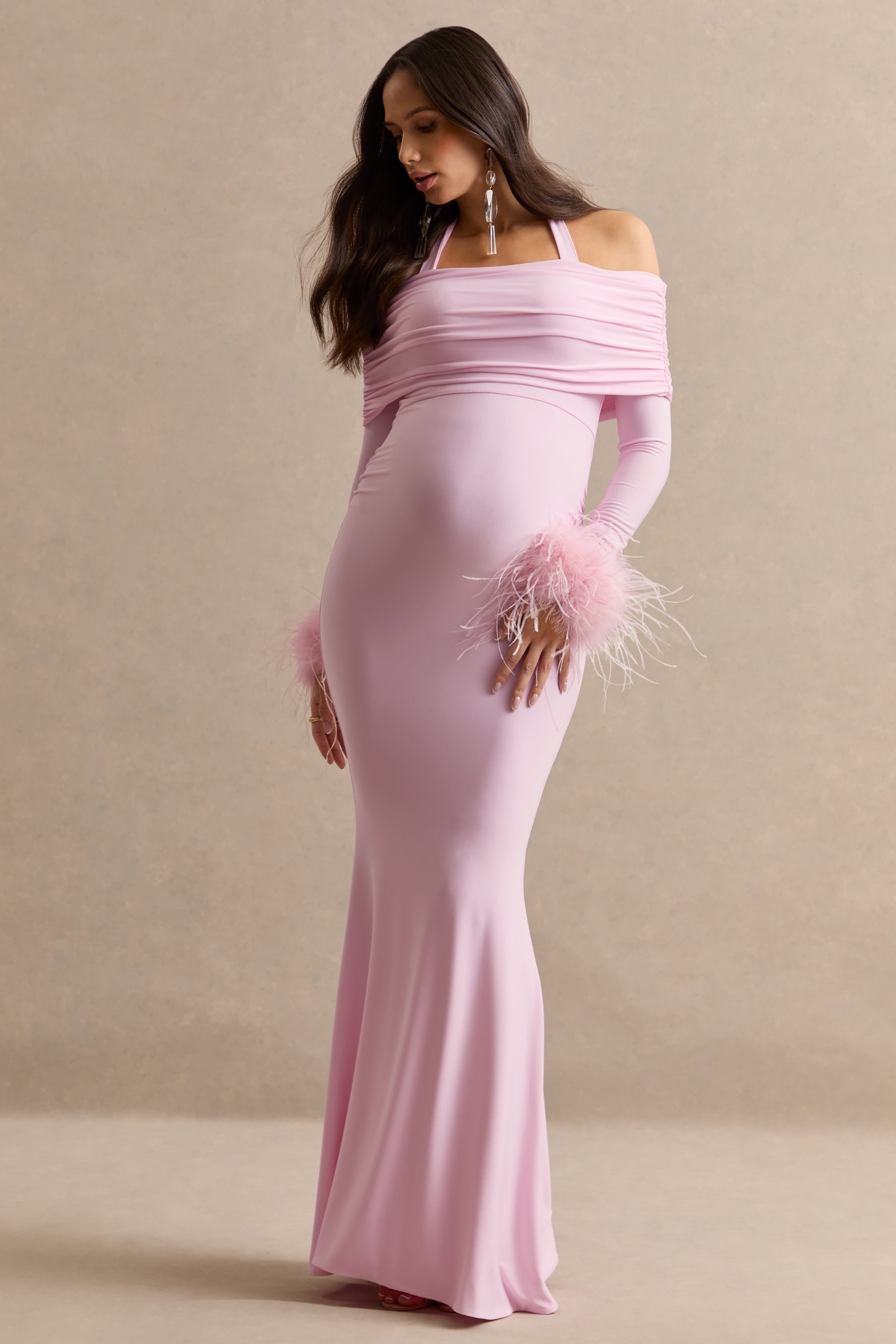 Desirae | Light Pink Halter-Neck Maternity Maxi Dress