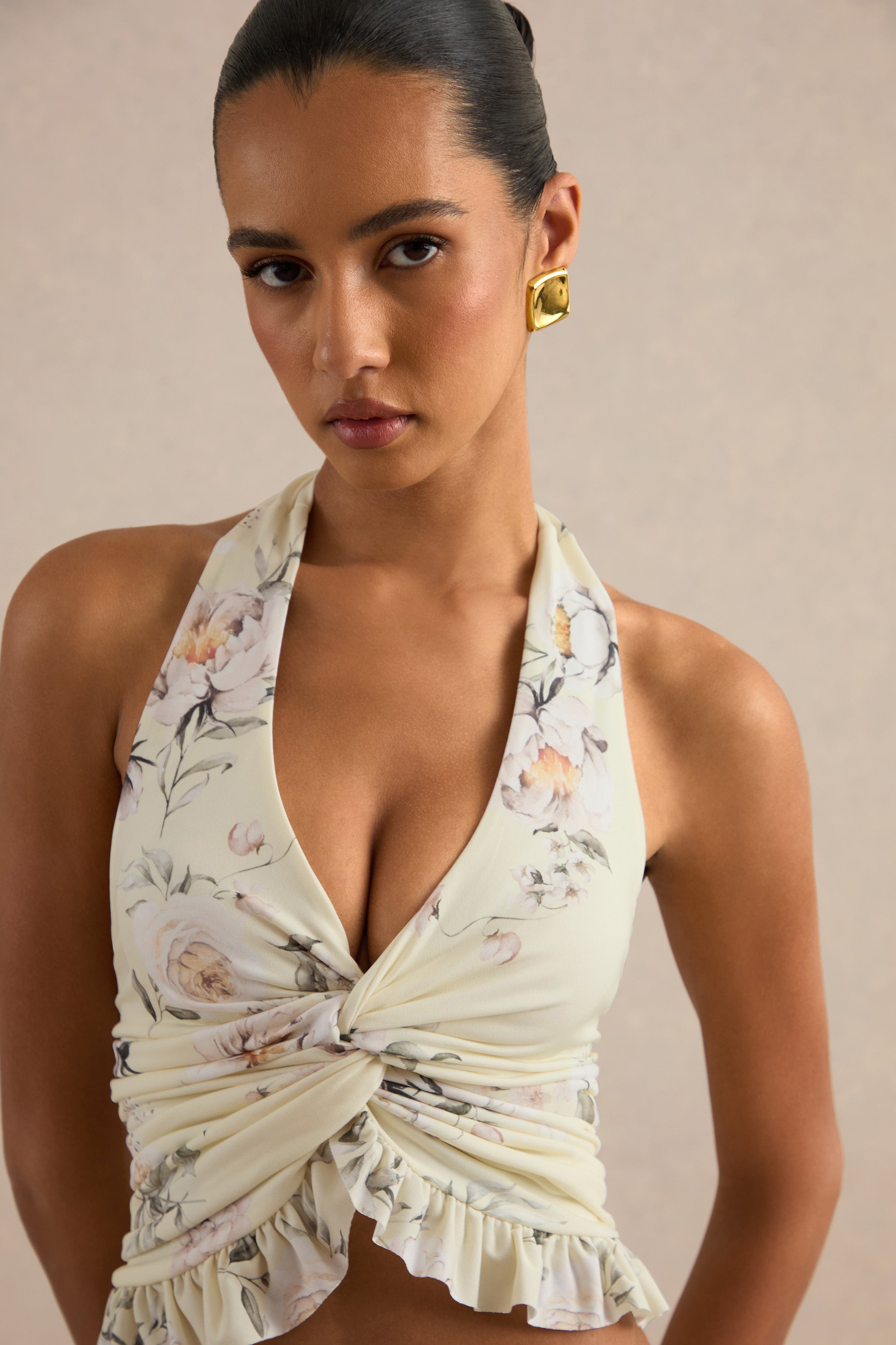 Clovia | Yellow Floral Print Halter-Neck Top