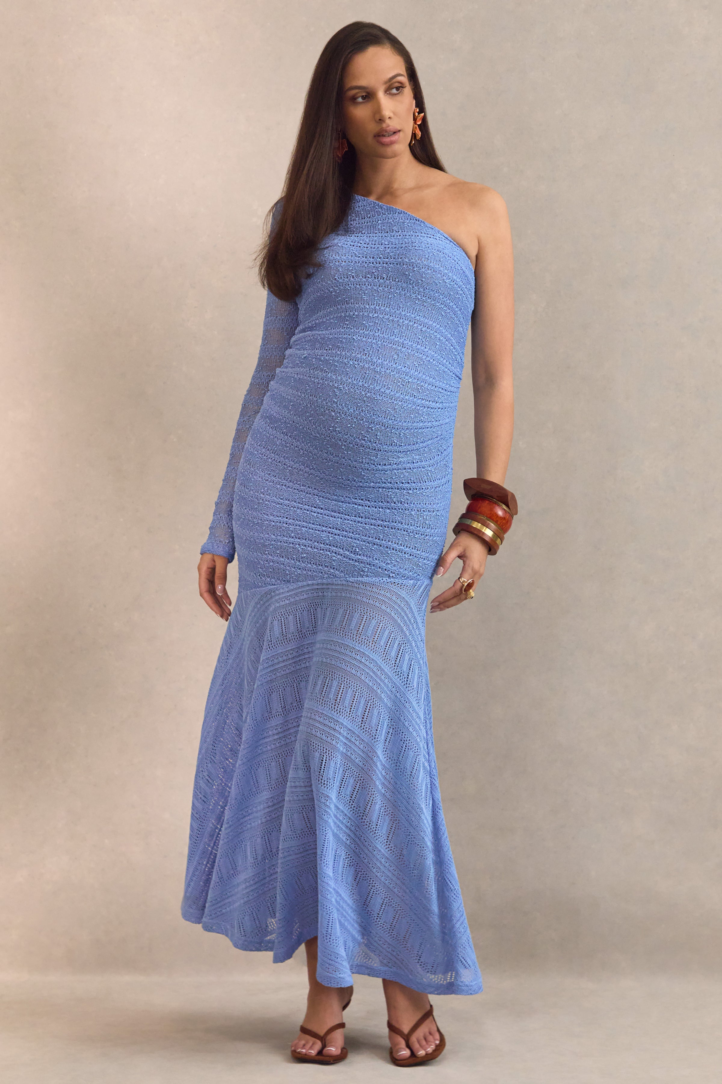Xavia | Blue Asymmetric-Neck Maternity Maxi Dress With Sheer Skirt