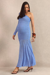Xavia | Blue Asymmetric-Neck Maternity Maxi Dress With Sheer Skirt