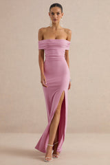 Emari | Pink Bardot-Neck Tie Back Maxi Dress With Front-High Split
