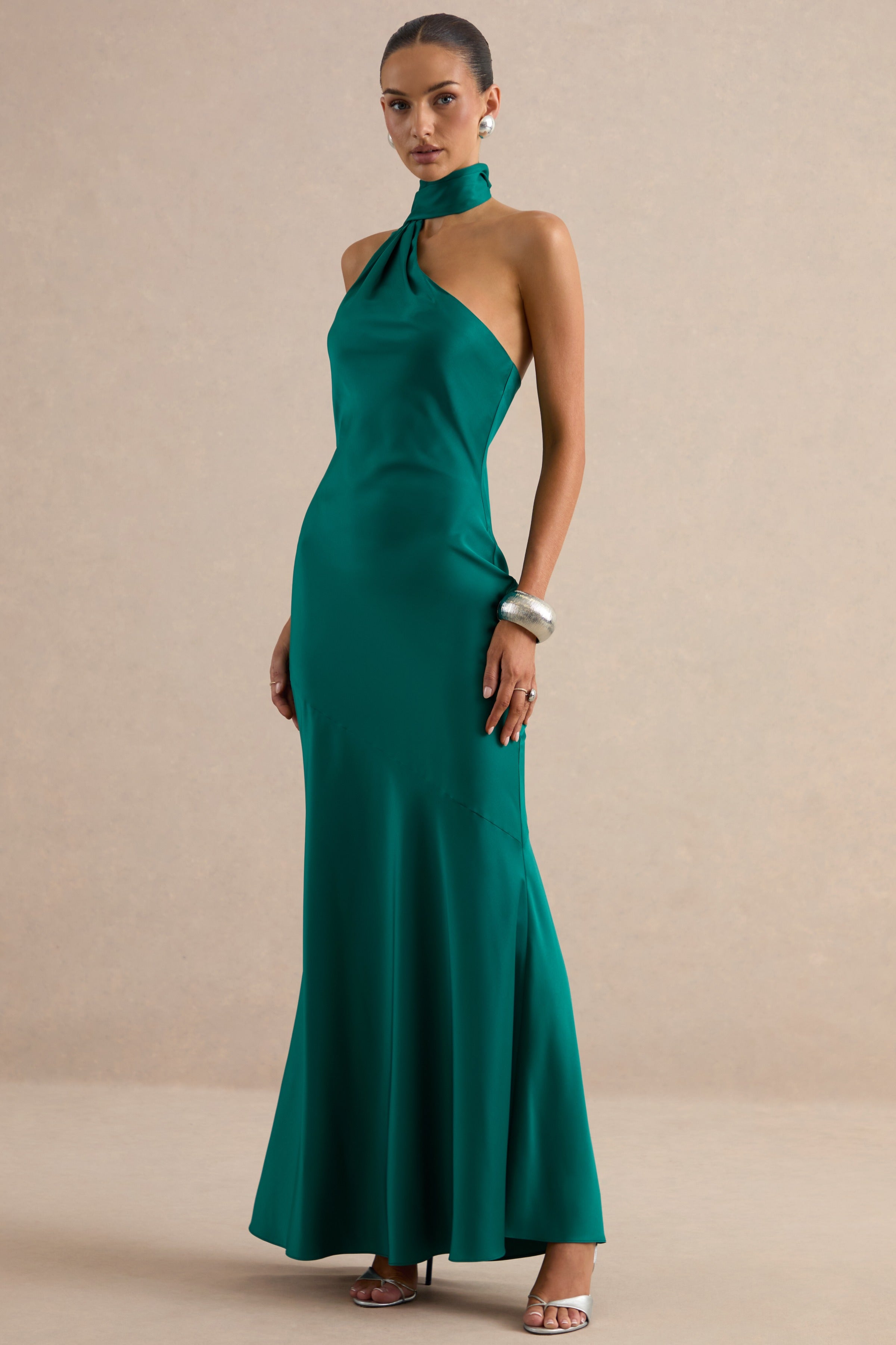 Jorina | Green Satin Asymmetric-Neck Maxi Dress With Scarf Detail